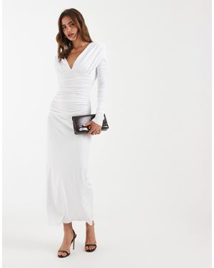 4th & Reckless Ruched Drape Drop Shoulder Plunge Neck Maxi Dress - White