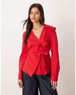 Ghospell Julie Double Bow Wrap Top With Tie Waist - Red