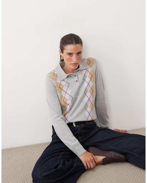 Barbour Fawne Argyle Knitted Polo Jumper - White