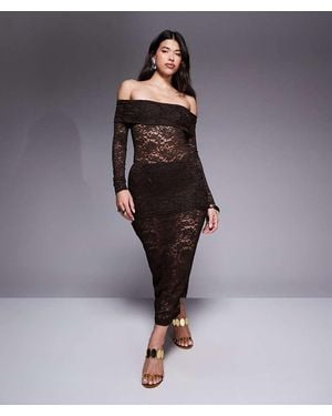 Murci Exclusive Sheer Lace Bardot Bodysuit And Foldover Waist Maxi Skirt Set - Brown