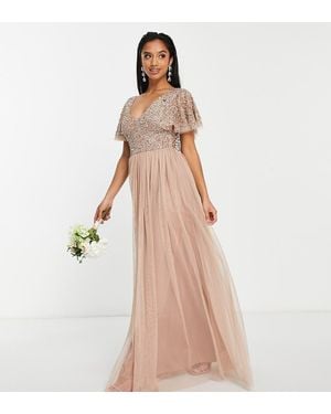 Beauut Vestido De Dama De Honor Largo Color Topo Con Mangas Acampanadas Y Corpiño Adornado De Petite-Beis Neutro