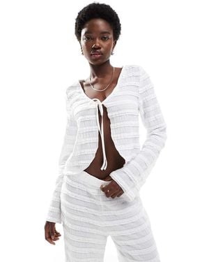 Pieces Textured Tie Front Long Sleeve Top Co-ord - White