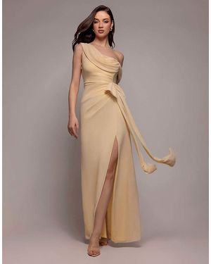Goddiva One Shoulder Cowl With Bow Detail Maxi Dress - Brown