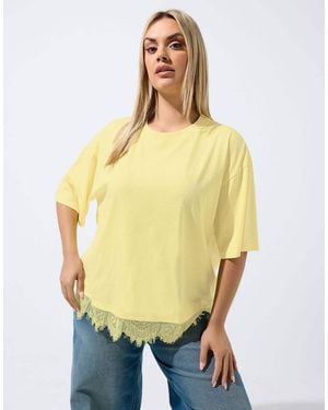 Yours Clothing Lace Hem T-Shirt - Yellow