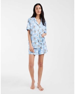 Loungeable – superweiches jersey-set mit howdy-katzenprint, bestehend aus oberteil mit reverskragen und shorts - Blau