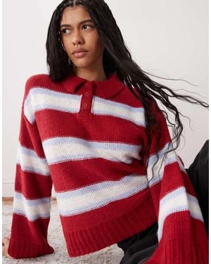 Reclaimed Vintage Stripe Flare Sleeve Jumper With Collar Detail - Red