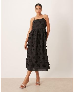 Y.A.S Vestido Midi Con Aplicación Floral Tridimensional Premium De - Negro