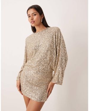 Gina Tricot Long Sleeve Sequin Low Back Mini Dress - Natural