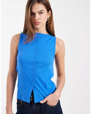 New Look Boat Neck Button Through Tank Top - Blue