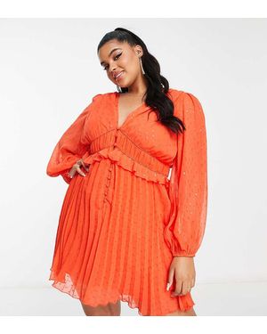 ASOS Vestido Corto Abotonado Con Cintura Fruncida Y Diseño Plisado De Plumeti Metalizado De Asos Design Curve-Naranja