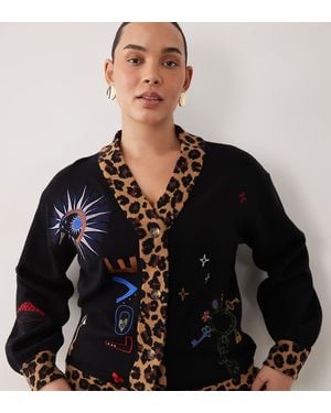 Never Fully Dressed Embroidered Knit V Neck Contrast Trim Cardigan - Black