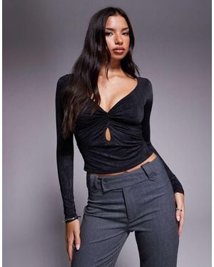 Tiger Mist Saffira Long Sleeve Plunge Neck Cut-out Detail Textured Top - Black