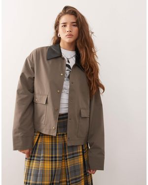 Noisy May Barn Jacket With Faux Leather Collar Detail - Brown