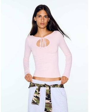Bershka T-Shirt Met Lange Mouwen En Striksluiting Bij De Hals - Wit