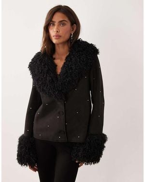 Miss Selfridge Embellished Faux Mongolian Fur Jacket - Black