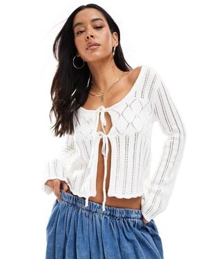 Hollister Long Sleeve Tie Front Crochet Top - White