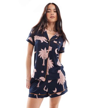 Chelsea Peers Poly Short Sleeve Revere And Shorts Set - Blue