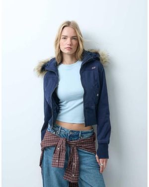 Hollister Cropped Twill Puffer Jacket With Faux Fur Hood - Blue