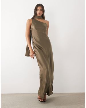 TFNC London Satin One Shoulder Maxi Dress With Scarf - Natural
