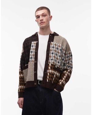 Obey Patchwork Button Up Knitted Cardigan And Brown And Beige - Black