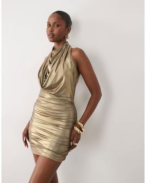 Ruched & Ready High Cowl Neck Drape Detail Mini Dress - Natural