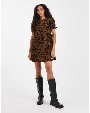 Threadbare – kurzärmliges minikleid aus cord mit leopardenmuster - Natur