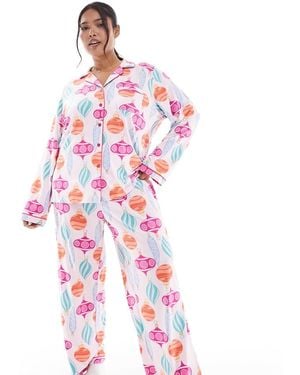 Loungeable Curve Christmas Super Soft Jersey Camp Collar Top And Wide Leg Trousers Pyjama Set - White