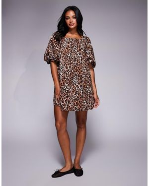 River Island Vestito Corto Leopardato Con Maniche A Sbuffo - Marrone