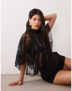 Noughts & Kisses Lace High Neck Cape Detail Top - Black
