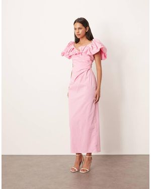 ARRANGE Bardot Ruched Puff Sleeve Maxi Dress - Pink