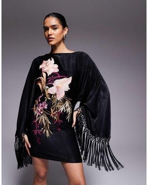 ASOS Floral Embroidered Long Sleeve Mini Dress With Fringing - Grey