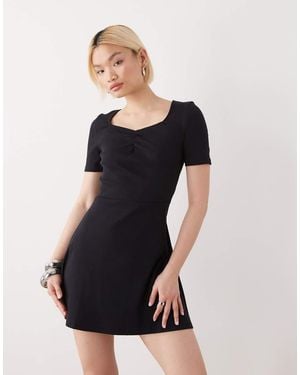 Noisy May Ribbed Square Neck Mini Skater Dress With Ruche Detail - Black