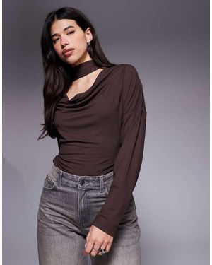 ASOS Cowl Neck Batwing Top With Scarf Detail - Grey