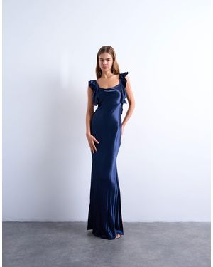 TOPSHOP Ruffle Shoulder Satin Slip Dress - Blue