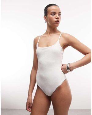 Monki Crinkle Scoop Neck High Leg Swimsuit - White