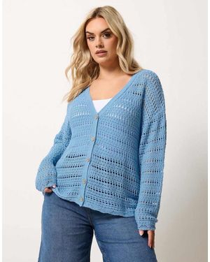 Yours Clothing Pointelle Knit Cardigan - Blue