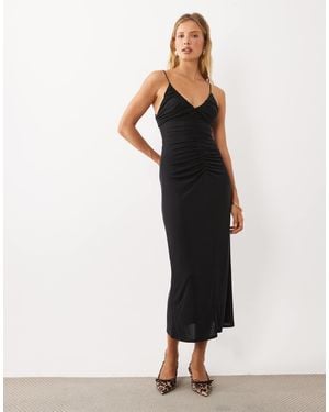Mango Robe midi froncée à bretelles col v e - Noir
