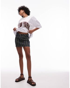 TOPSHOP – schößchen-minirock aus denim mit khakifarbenen streifen - Weiß