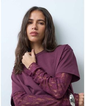 Miss Selfridge Oversized T-Shirt Met Kanten Mouw - Paars