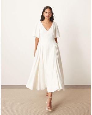 ARRANGE Premium Linen Twist Shoulder Midi Dress - Natural