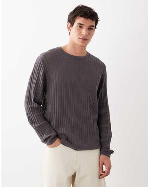 ASOS Knitted Ribbed Long Sleeve Crew Neck T-shirt - Grey