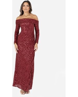 Maya Embellished Long Sleeve Bardot Maxi Dress - Red