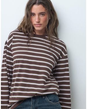 Pieces T-shirt mit taillendetail, langärmelig, oversize, mit schoko-pflaumenstreifen - Grau