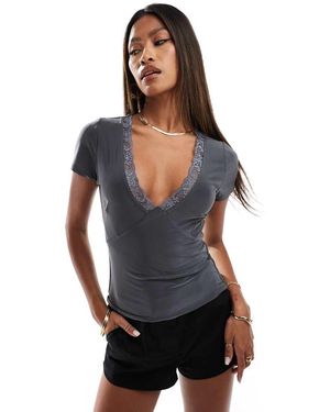 Fashionkilla Double Layered Slinky Plunge Lace Trim T-Shirt - Black