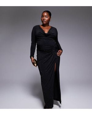 Tfnc Plus Vestito Lungo Decorato Con Scollo Ad Anello E Spacco Sulla Coscia - Nero