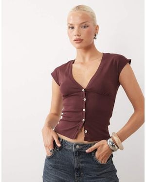 Gina Tricot Top Senza Maniche Con Scollo A V Profondo E Bottoni, Cioccolato - Rosso