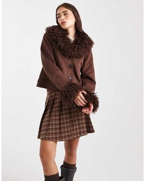 Miss Selfridge Suedette Faux Mongolian Fur Collar Crop Jacket - Brown