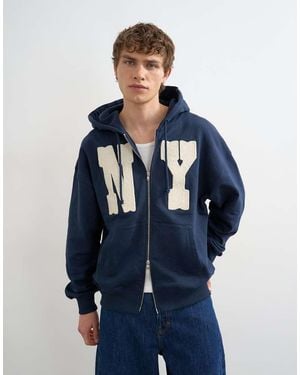 TOPMAN Felpa Con Cappuccio Squadrata Con Applicazione "Ny" - Blu