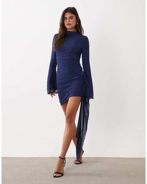 ASOS Mesh Mini Bodycon High Neck Long Sleeve Ruched Dress With exaggerated Sash Detail - Blue