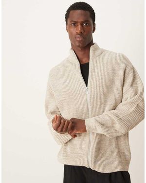ASOS Knitted Oversized Fisherman Rib Zip Through - Natural